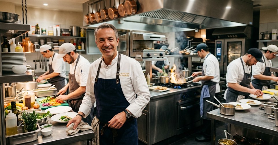 Restaurant owner smiling in his kitchen with his crew working behind him